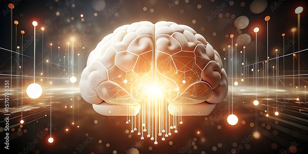 Poster artificial intelligence brain with glowing neural network connections.
