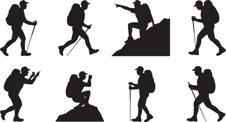 Diverse Mountain Activities: Hikers, Skiers, and Trekkers Silhouettes