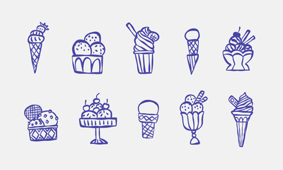 Hand drawn various ice cream set. Vector illustration in minimalistic line art style.