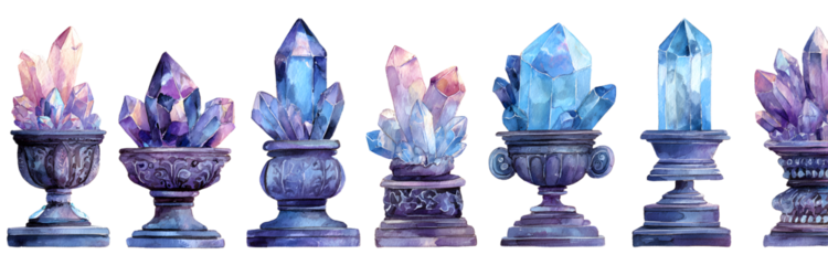 A mystical watercolor set of bright blue, violet and pink crystals, some on ornate pedestals. Perfect for magical projects, esoteric compositions, potion labels