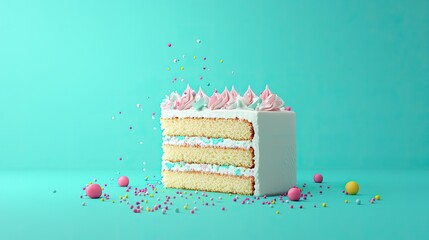 cake slice concept and decoration. 3d style. teal background
