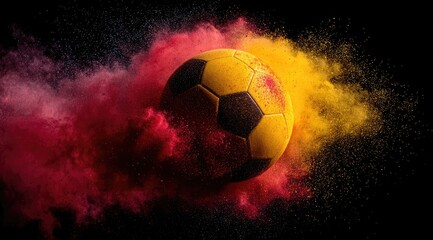 A soccer ball explodes in a vibrant cloud of red and yellow powder against a stark black background. The image is dynamic and full of motion
