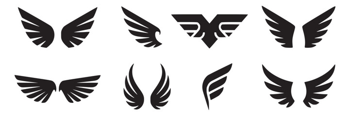 Vector wings collection set black and white silhouette angel bird eagle falcon abstract freedom graphic design on transparent background