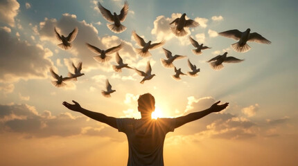 Doves fly into the woman hands, silhouette of a person with outstretched arms releases a flock of white doves into a radiant sunset sky filled with dramatic clouds and sunbeams