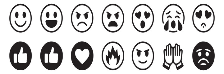 Emojis vector set of different expressions emotions like happy sad angry love thumbs up and more icons on transparent background