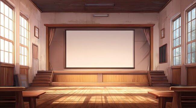 A spacious, slightly worn auditorium with a large blank screen, wooden stage, and simple wooden desks, bathed in warm sunlight streaming through tall windows