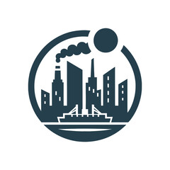 Vector factory silhouette with smoke and cityscape, suitable for industrial, production, or pollution themes
