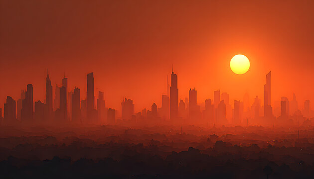 Panoramica con un sol de verano ardiente y bruma c&aacute;lida en concepto de ola de calor extremo y cambio clim&aacute;tico sobre la silueta de una ciudad