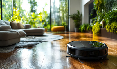 Robotic vacuum cleaner operating on hardwood floor in modern living room with natural light and green plants