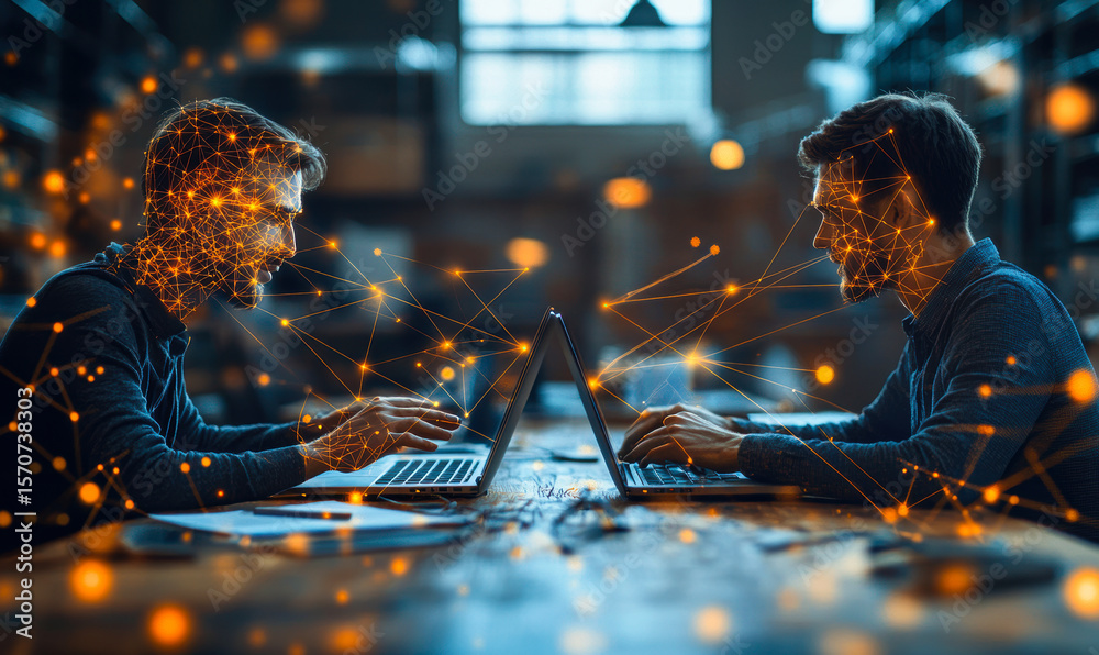 Poster two men working on laptops with glowing connected network lines representing digital communication a