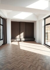 Obraz premium Before & after apartment renovation empty room transformed into modern living space with herringbone floors and natural light Empty room interior design architecture blank design room striking st