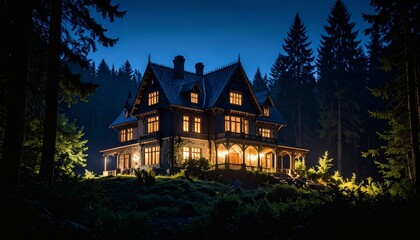 An old, haunted castle, its towering architecture silhouetted against the night sky, stands deep within the green woods, reflecting its roofline on the still lake water