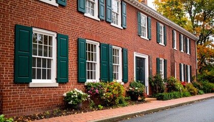 An old red brick house with many windows on a charming autumn street in a European town