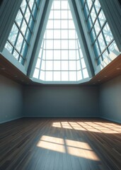 Obraz premium A bright empty room with large windows allowing natural light to illuminate the wooden floor creating a serene and open atmosphere Empty room interior design architecture blank design room stri