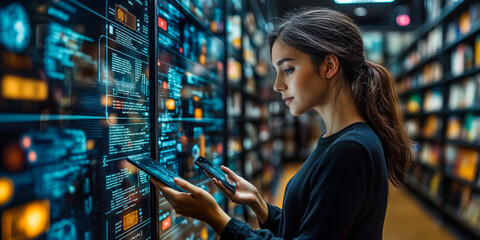 Young woman using tablet and smartphone for data analysis and programming in modern server room with digital interface and code visualization technology