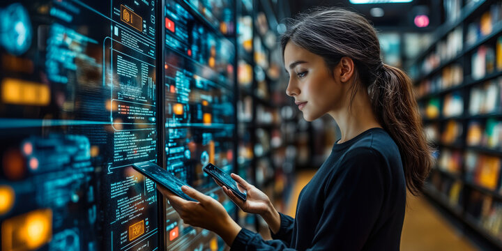 Young woman using tablet and smartphone for data analysis and programming in modern server room with digital interface and code visualization technology