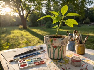 Paintbrushes, paints and a tree on a wooden table