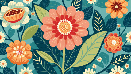 Vibrant floral pattern with large stylized flowers and leaves in a retro style © SSCP DESIGN