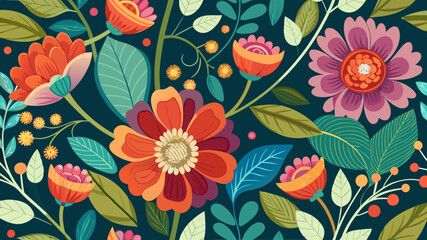 Fototapeta premium Vibrant floral pattern with blooming flowers and leaves on a dark background