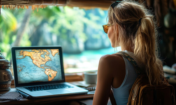 Young woman traveler using laptop displaying world map in tropical outdoor workspace with nature background for travel planning and exploration concept - Powered by Adobe