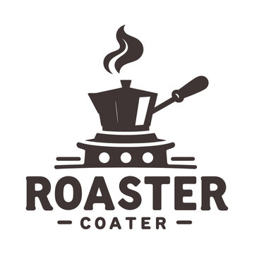 Coffee roaster machine with steaming pot and vintage text, ideal for coffee brand or roastery logo