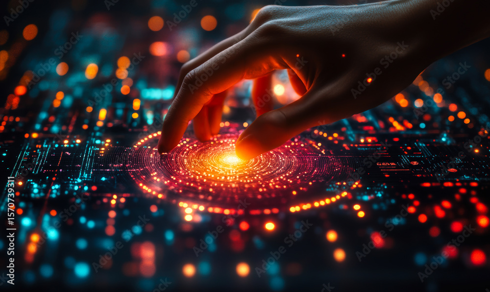 Poster human hand interacting with glowing digital interface on futuristic circuit board technology backgro