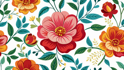 Vibrant floral pattern with large red pink and orange flowers and green leaves