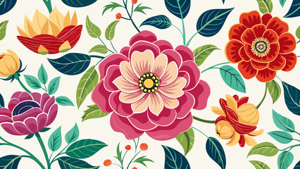 Vibrant floral pattern with large pink red and orange flowers and green leaves