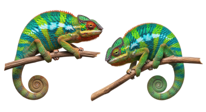 Two vibrant chameleons perched on branches isolated on a transparent background reptile