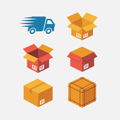 Obraz premium Six Isometric Cardboard Boxes and a Delivery Truck Icon Set Illustration Featuring Orange Yellow and Red Color Palette on a Light Gray Background This Graphic Depicts Various Package Types