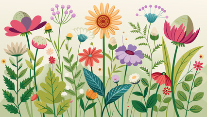 Fototapeta premium Vibrant and colorful assortment of wildflowers and greenery in a meadow
