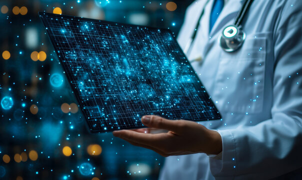 Doctor holding transparent digital tablet with futuristic medical data network interface and blue glowing technology concept background - Powered by Adobe