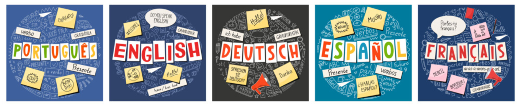 English, Francais (French), Espanol (Spanish), Deutch (German), Portugues (Portuguese) languages. Set from hand drawn doodles with lettering.