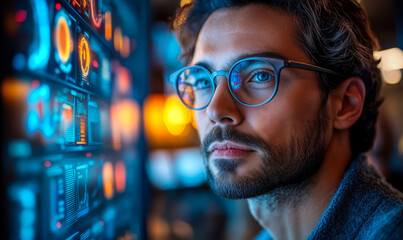 Focused young man with glasses analyzing futuristic digital data interface with charts and graphs in dark workspace lighting