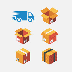 Obraz premium Six Isometric Cardboard Boxes Delivery Set Blue Truck Icon Orange Red Yellow Colors Flat Design Packaging Shipping Transportation Illustration