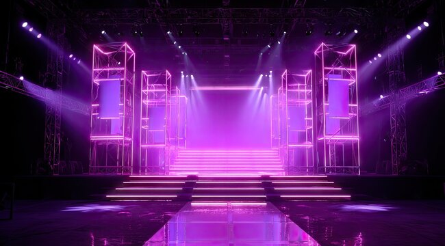 A stage bathed in vibrant purple neon light, featuring a multi-tiered platform, metallic scaffolding, and vertical illuminated panels. Reflective surfaces accentuate the dramatic lighting