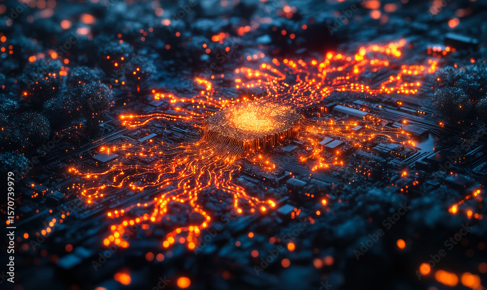 Aufkleber close-up glowing orange circuit board with central processing unit and illuminated data streams in d