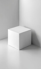 A stark white cube sits in a corner of a minimalist white room, casting a subtle shadow on the floor, showcasing simple geometry and clean lines against a bright background