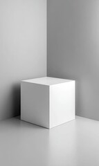 A stark white cube sits in a neutral corner, subtly lit, against a grey backdrop, creating a minimalist and clean aesthetic