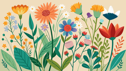 Vibrant meadow of blooming flowers in a variety of colors and shapes
