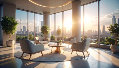 Elegant Lounge Area with Cityscape View at Sunset