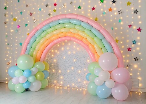 colorful balloons in the sky, Light pastel rainbow balloon garland with neon number 3 and sparkle backdrop for milestone. - Powered by Adobe