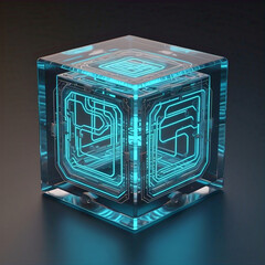 A transparent cube encasing an illuminated intricate circuit board design glowing with blue light