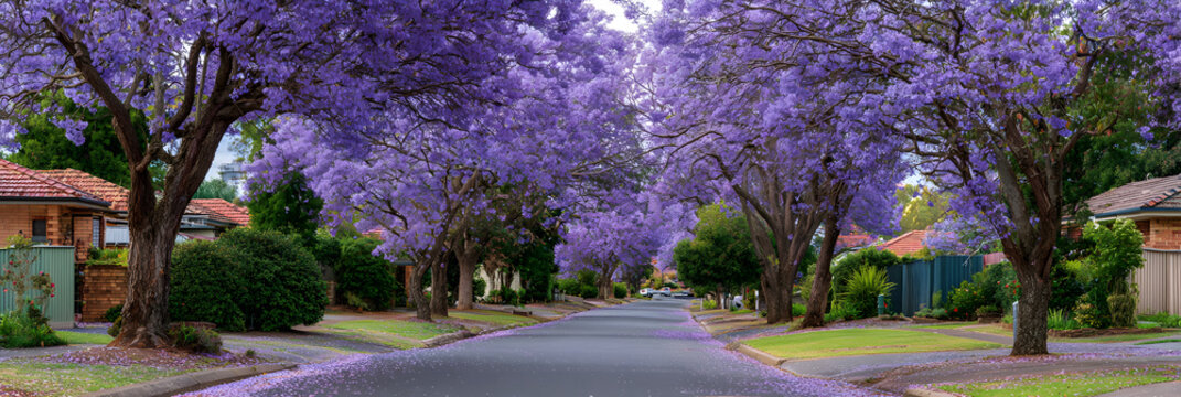 Purple jacaranda blossoms covering a suburban road