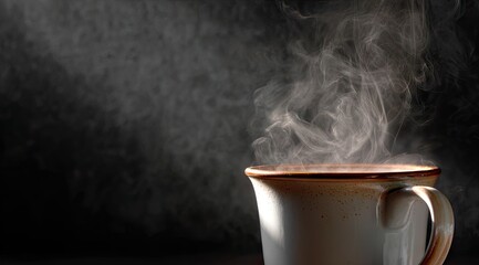 A steaming mug of coffee sits on a dark surface, illuminated by a single light source, creating a dramatic, moody atmosphere.  The steam swirls artistically against a textured backdrop
