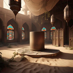 An ornate sun drenched indoor space resembling a mosque or a traditional middle eastern building filled with sand dunes and featuring a central cylindrical structure on a platform surrounded by staine