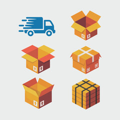 Obraz premium Six Isometric Illustrations of Cardboard Boxes in Various States of Openness and a Blue Delivery Truck Icon Depicting Shipping and Packaging Concepts Orange Yellow and Brown Color Palette