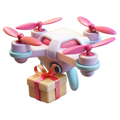 Whimsical drone carrying a gift isolated on a transparent background present delivery