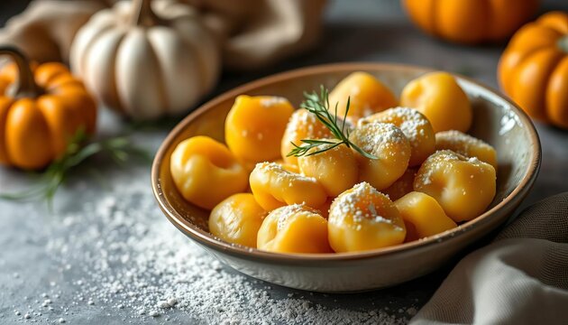 Soft, pillowy pumpkin gnocchi, lightly dusted with flour,  detail,  vegan option