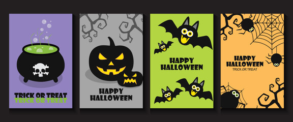 Happy Halloween poster, cards, flayer with yellow, dark blue, purple and orange design, pumpkins smile, tree, bat flying, ghost, spider, banner design on black background, set of Halloween for holday.